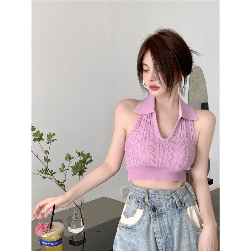 COZOK Áo dệt kim cổ polo hở lưng quyến rũ cho nữ