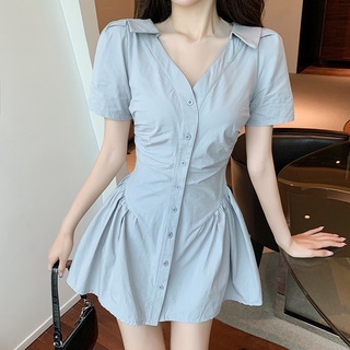 Đầm sơ mi cổ chữ v eo váy bo chun độc đáo thời trang nữ tính