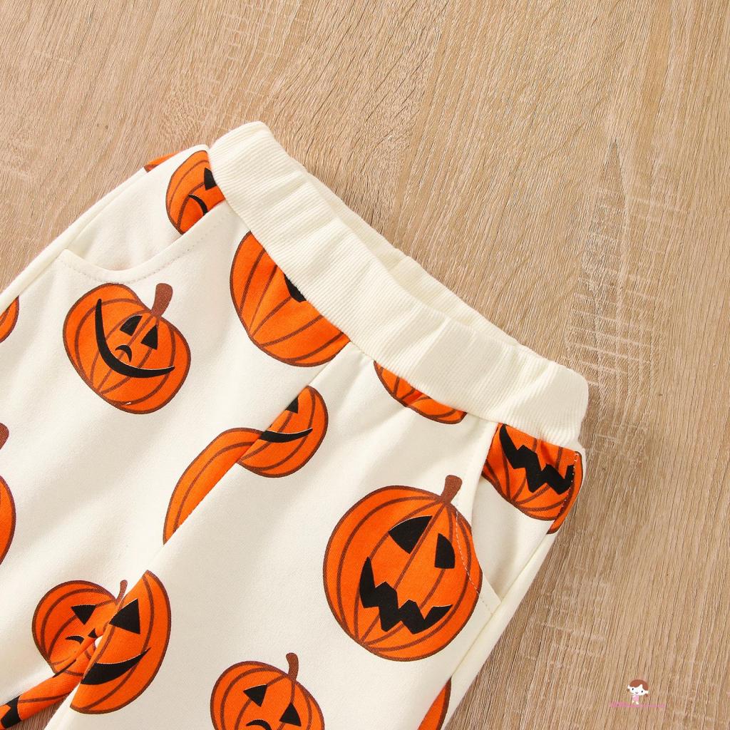 Set Áo Thun Tay Dài In Hình Bí Ngô Và Quần Dài Phong Cách Halloween Cho Bé