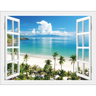 Tranh dán tường 3D phong cảnh biển cửa sổ - VẢI LỤA  phủ kim sa (kích thước theo yêu cầu)
