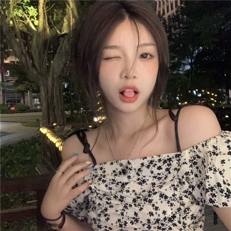 Áo chiffon in hoa tay ngắn trễ vai cho nữ