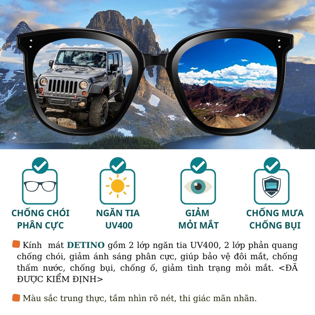 Kính râm nam nữ, mắt kính mát đen thời trang gọng vuông cao cấp chống tia UV, đi biển phân cực DETINO K06