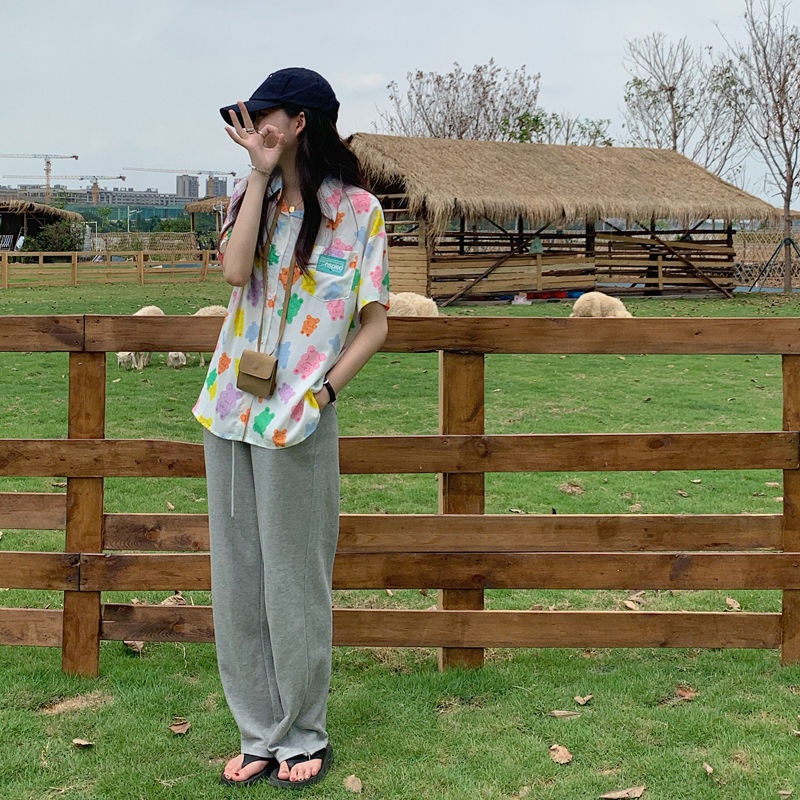 IELGY Áo sơ mi chiffon IELGY mỏng tay ngắn dáng rộng kiểu Hàn Quốc cho nữ