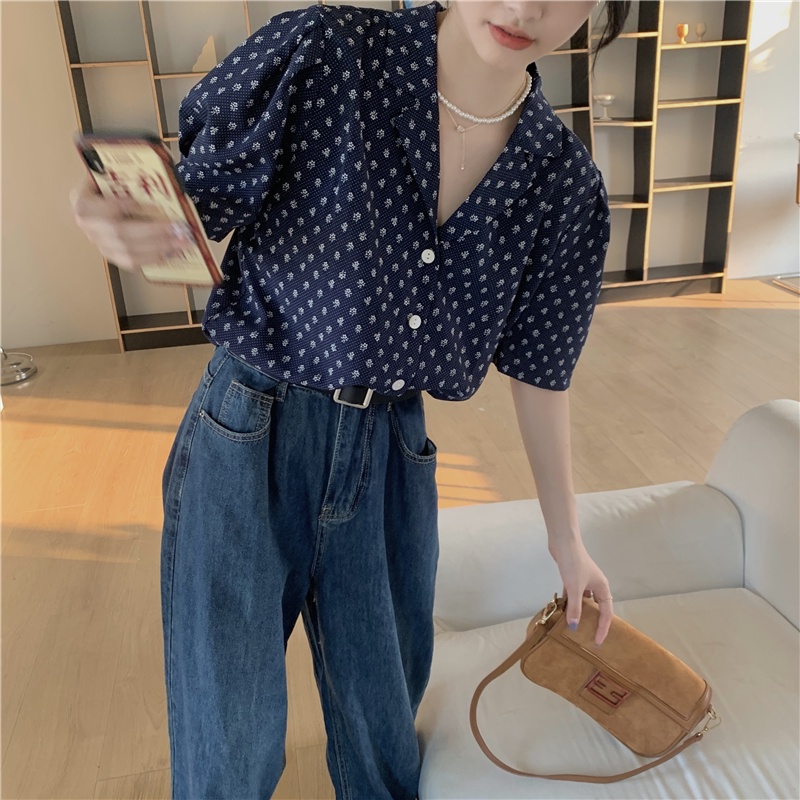 SUXI Áo Sơ Mi Tay Ngắn Phồng Cổ Chữ V Họa Tiết Chấm Bi Thời Trang Mùa Hè Cho Nữ