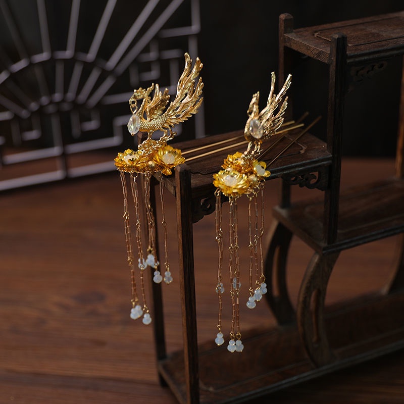 [Aishang Trang Sức Đẹp] Phụ Kiện Vương Miện Cô Dâu Xiuhe Trung Quốc Cổ Điển Phối Tua Rua Phụ Kiện Đám Cưới Hóa Trang Hoàng Hôn Phoeni