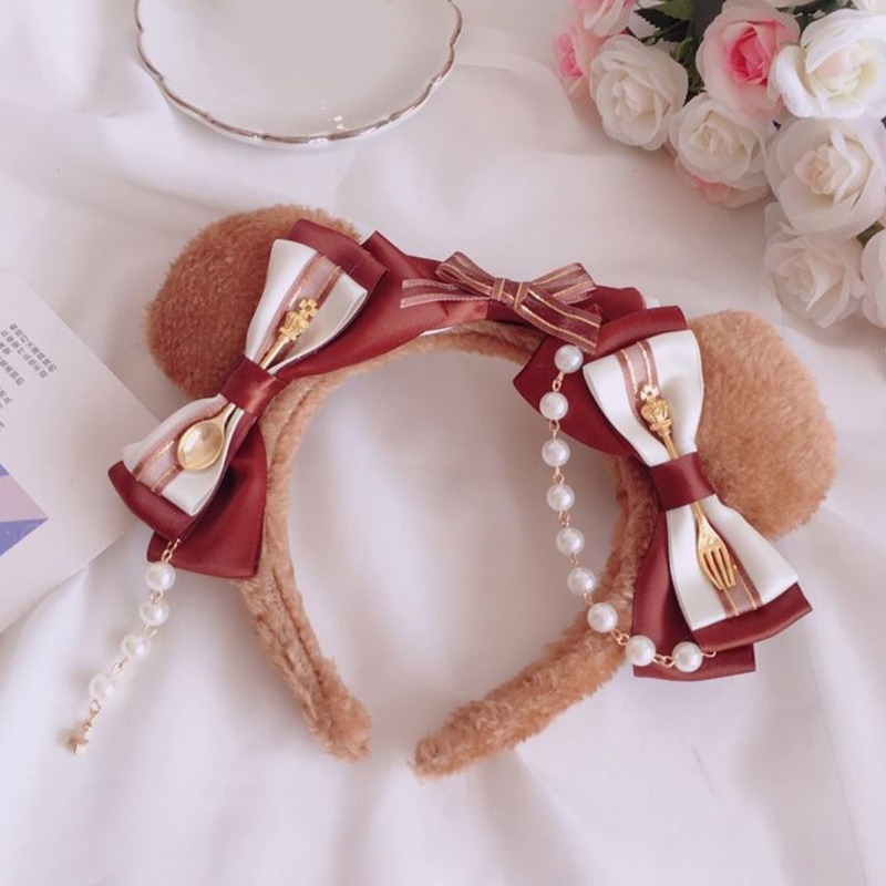 Cài tóc tai gấu bằng vải lông trang trí nơ và chuỗi hạt ngọc trai nhân tạo lolita dễ thương cho tiệc hóa trang anime