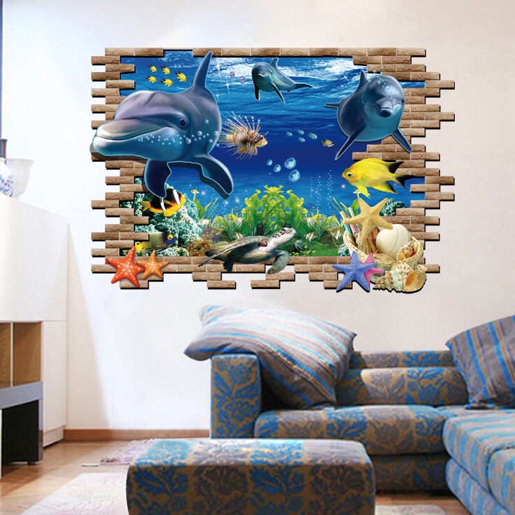 Tranh dán tường Lỗ hổng trên tường - Thế giới dưới biển KT 91x62cm, Tranh 3D trang trí phòng khách