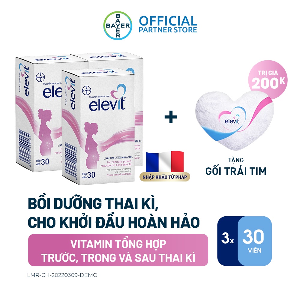 Bộ 3 Hộp Vitamin Bầu Tổng Hợp Elevit Cho Phụ Nữ Trước, Trong và Sau Thai Kỳ (30 Viên/ Hộp) + Tặng 1 Gối Trái Tim