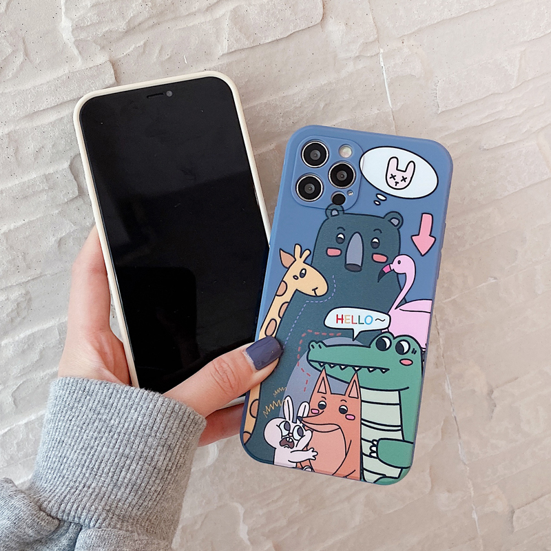 [COOLCASE]Casing iphone 7 8plus 12 11 Pro Max 12 Mini SE 2020 X XS XR XS Max Cartoon zoo Side Pattern Silicone Case