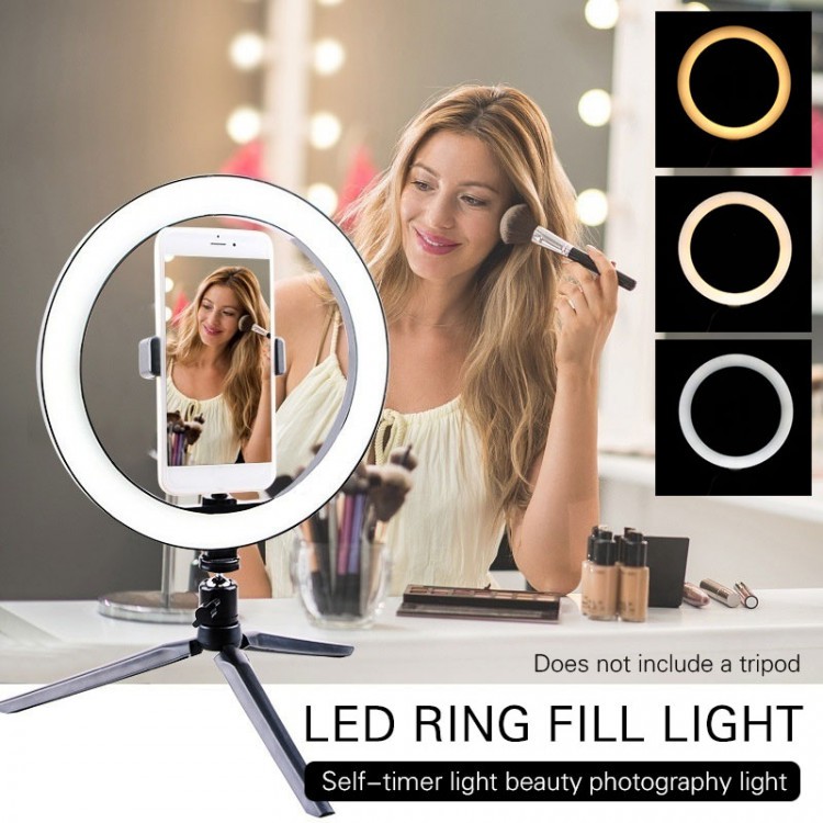 Bộ đèn LED Livestream 26cm 3 chế độ màu tích hợp giá kẹp điện thoại