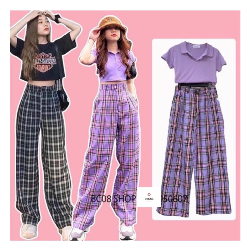 [Rẻ nhất shopee] Quần KẺ GIẢ CÚC ulzzang , quần kẻ nữ Lưng Cao Dáng Rộng Ống Suông ulzzang full màu hot . Donnafashion