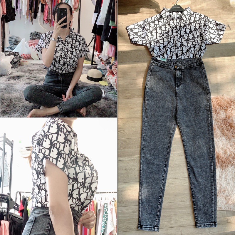 Set áo sơ mi kiểu và quần jean lưng cao - hình thật