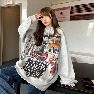 Women's retro street style cartoon printed oversized hoodie