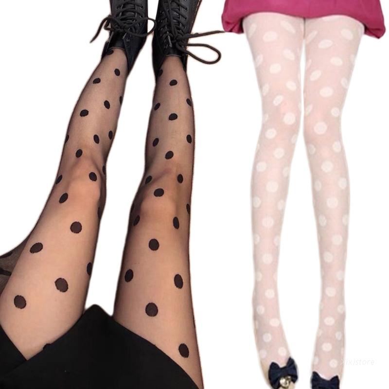 XIXI Quần tất lưới màu trơn trong suốt họa tiết chấm bi phong cách vintage quyến rũ cho nữ