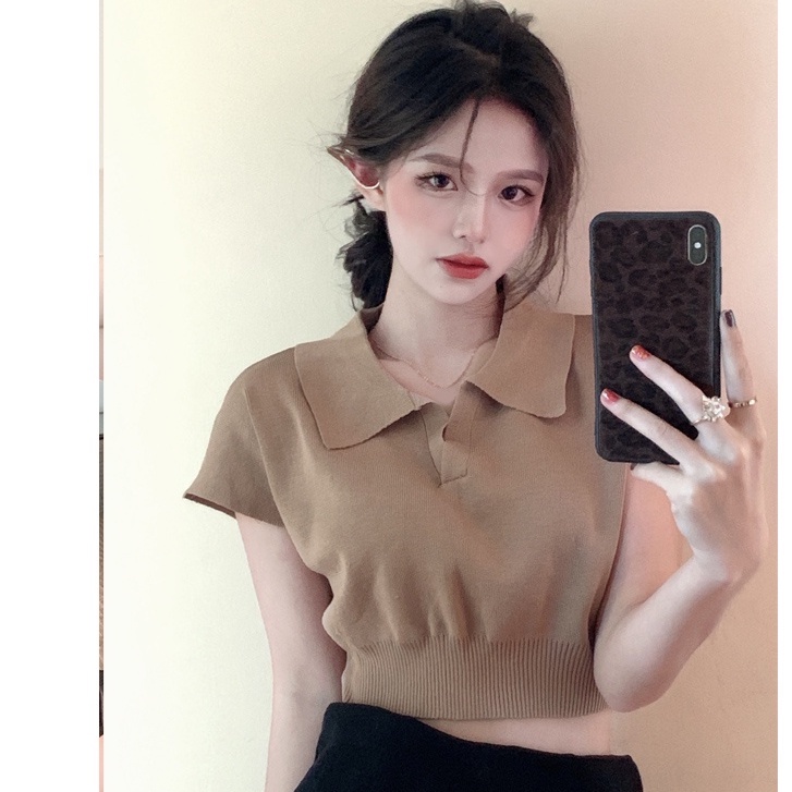Áo thun IHKKE dệt kim dáng ôm thiết kế đơn giản thời trang nữ tính