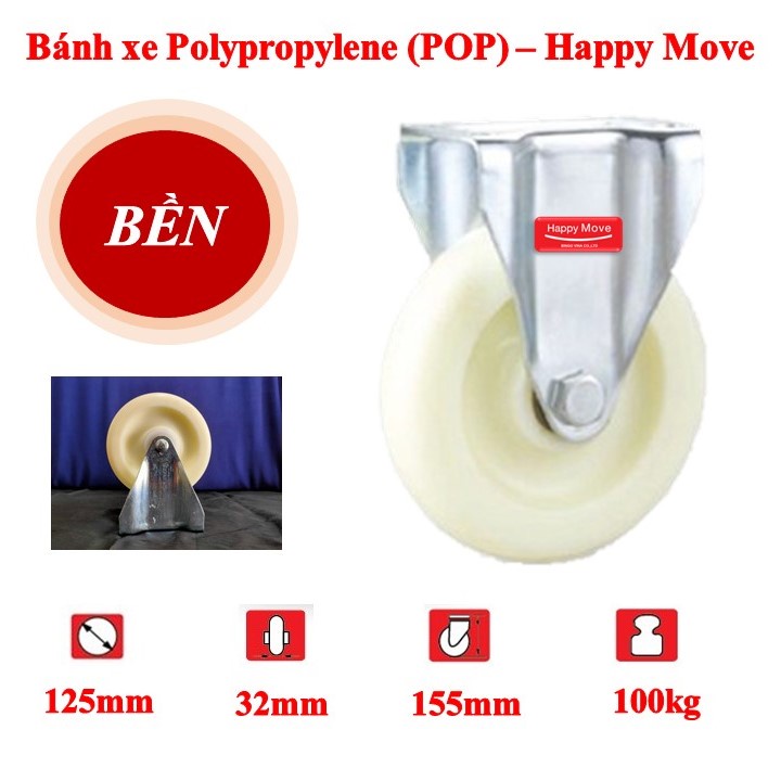 125mmBánh xe đẩy nhựa trắng POP Eco càng cố định - Polypropylene - Tải trọng 100kg - Happy Move Thái Lan