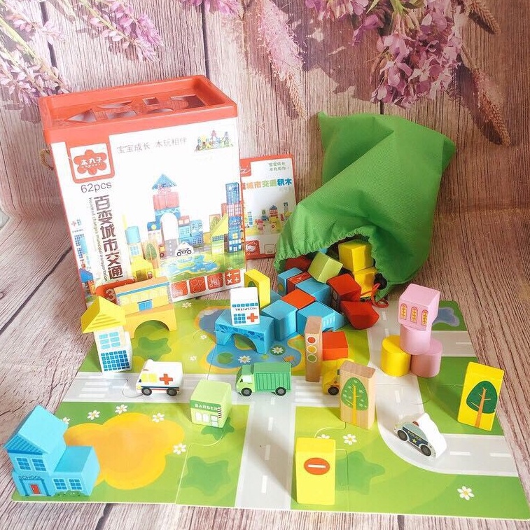 Xếp Hình Xây Dựng Thành Phố TOTORO KIDS, Bộ Ghép Gỗ Theo Mô Hình 62 Chi Tiết Cho Bé Tập Làm Kỹ Sư