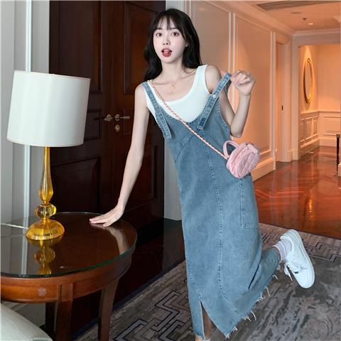 Đầm Yếm Denim Dáng Rộng Xẻ Tà Thời Trang Cho Nữ