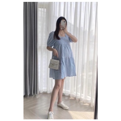 Váy babydoll Cổ Vuông Tay Bồng Chất Đũi Xốp tay bồng siêu xinh form rộng