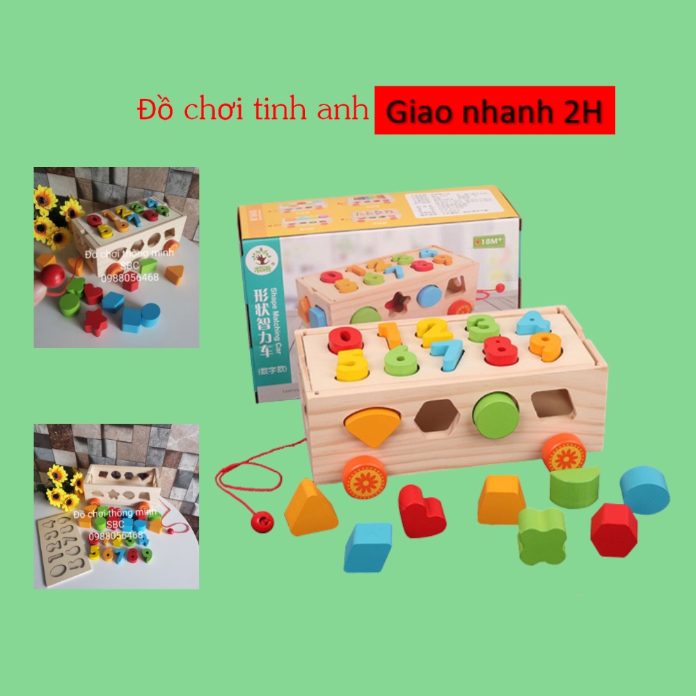 Đồ Chơi Gỗ Thông Minh Xe Kéo Thả Hình Khối Kết Hợp Số cho bé từ 1-3 tuổi