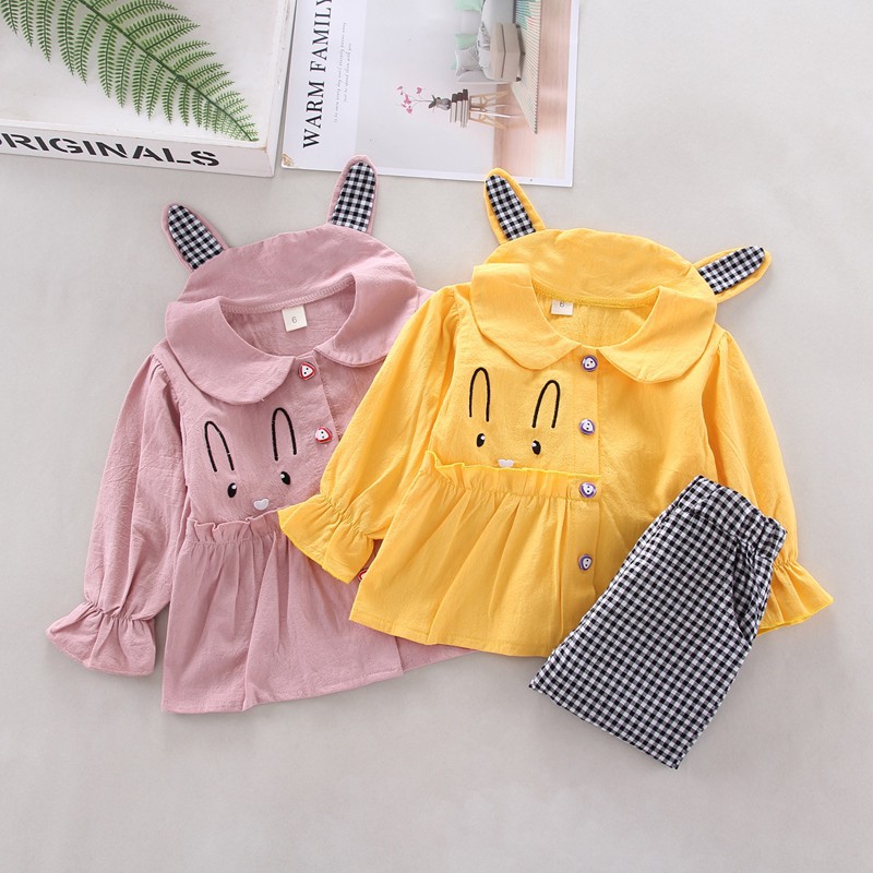 ♕ babyme ღ 2 Pcs Baby Girl Cartoon Rabbit Long Sleeve Sweatshirt +Plaid Pants Set