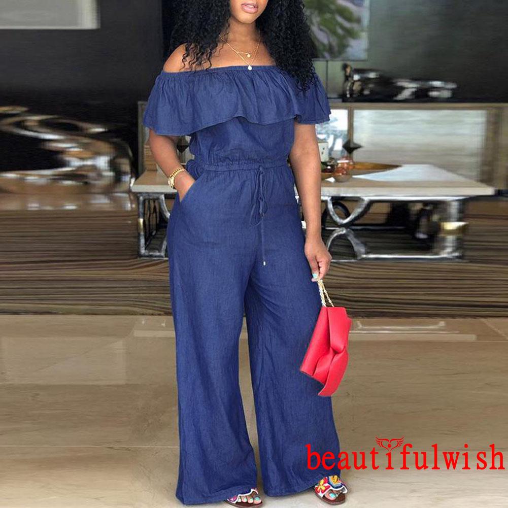 ✡Yl♀Jumpsuit Denim Trễ Vai Thiết Kế Dây Rút Eo Cao Thời Trang Xinh Xắn Cho Nữ | BigBuy360 - bigbuy360.vn