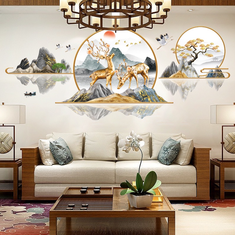 Decal dán tường Phong thủy, sơn thủy đôi hươu 3D trang trí phòng khách, phòng ngủ