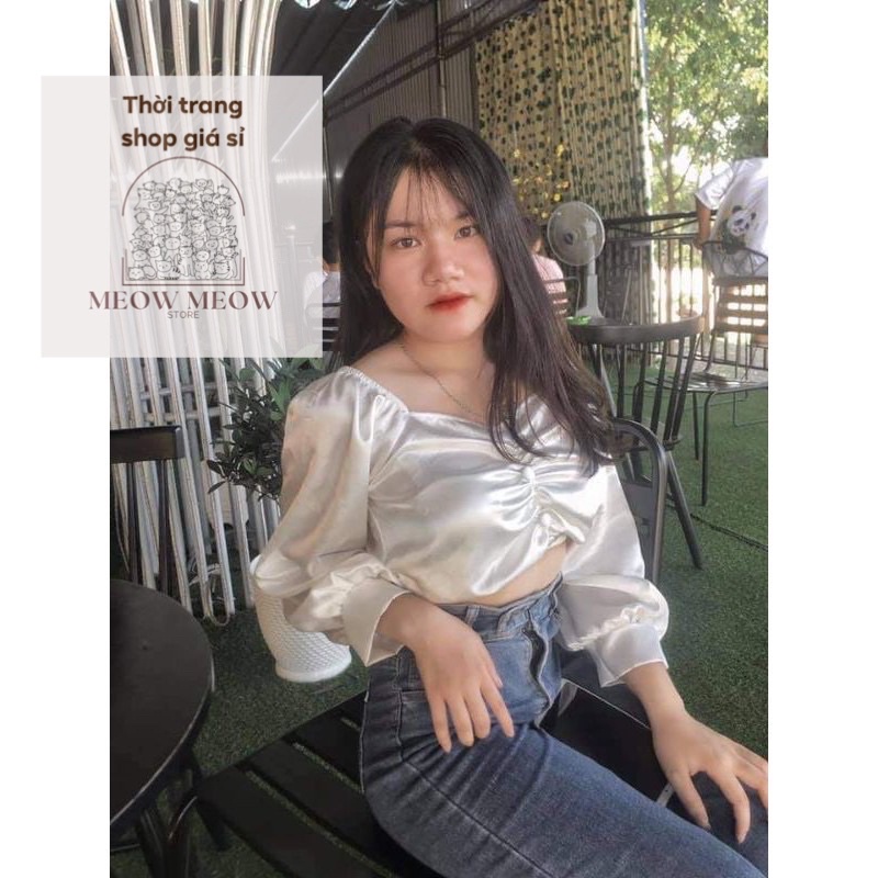 Áo trễ vai croptop tay bồng trễ vai phi lụa tiểu thư