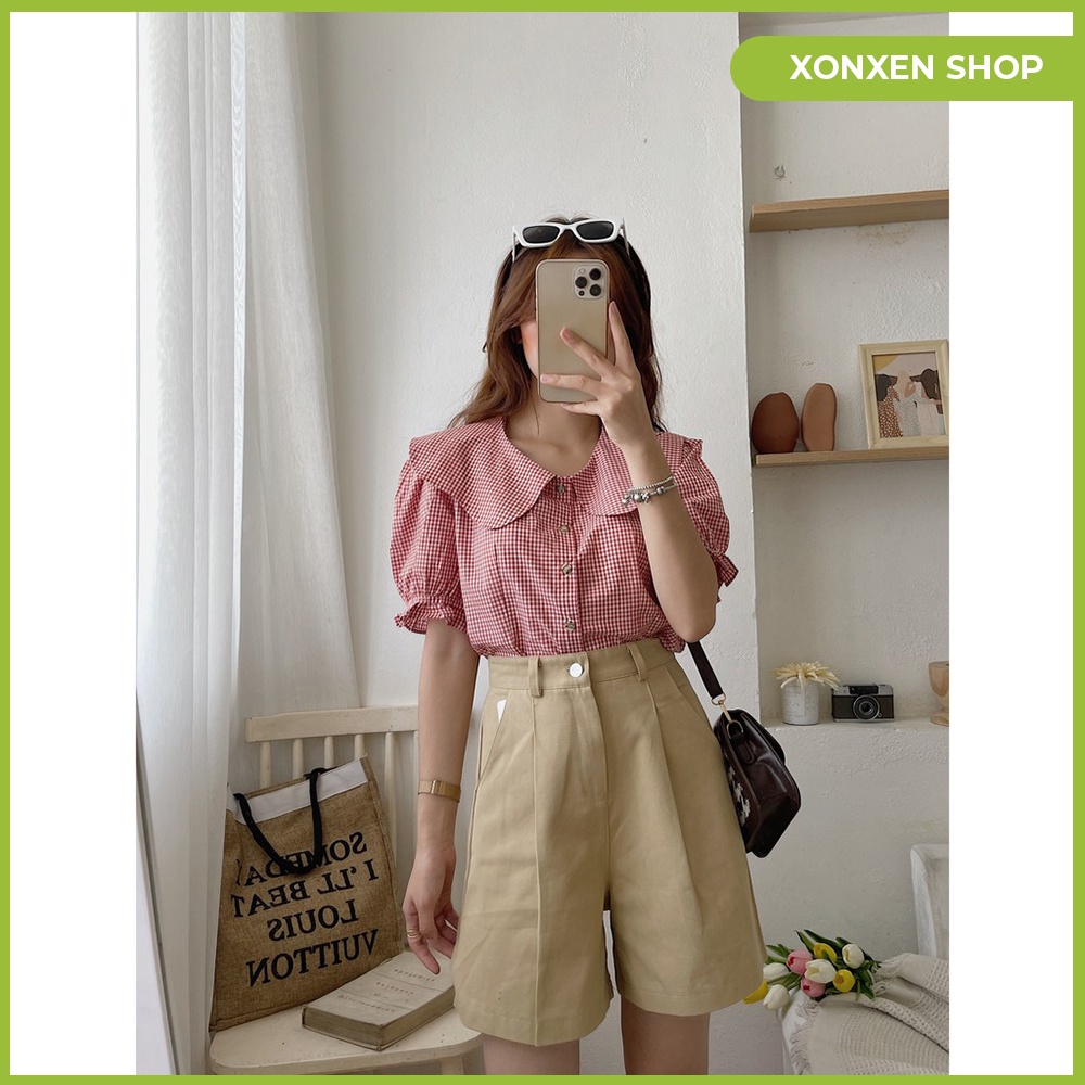 Áo kiểu caro cổ bèo lên form chuẩn chất vải mền mịn XONXEN SHOP QUẢNG NGÃI freesize mã 76 | BigBuy360 - bigbuy360.vn