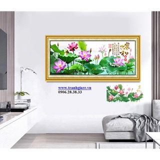 Tranh đính đá phong cảnh đầm sen khổ lớn 180x70cm