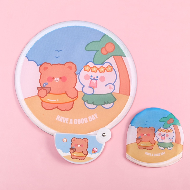 Quạt Mini Gấp Gọn Tự Bung Du Lịch Tiện Lợi Hoạt Hình Chú Gấu Đáng Yêu