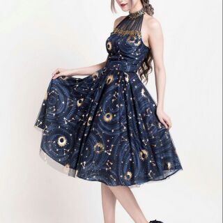 [ORDER] Đầm ulzzang Starry Night cổ yếm phối ren - Xanh Navy