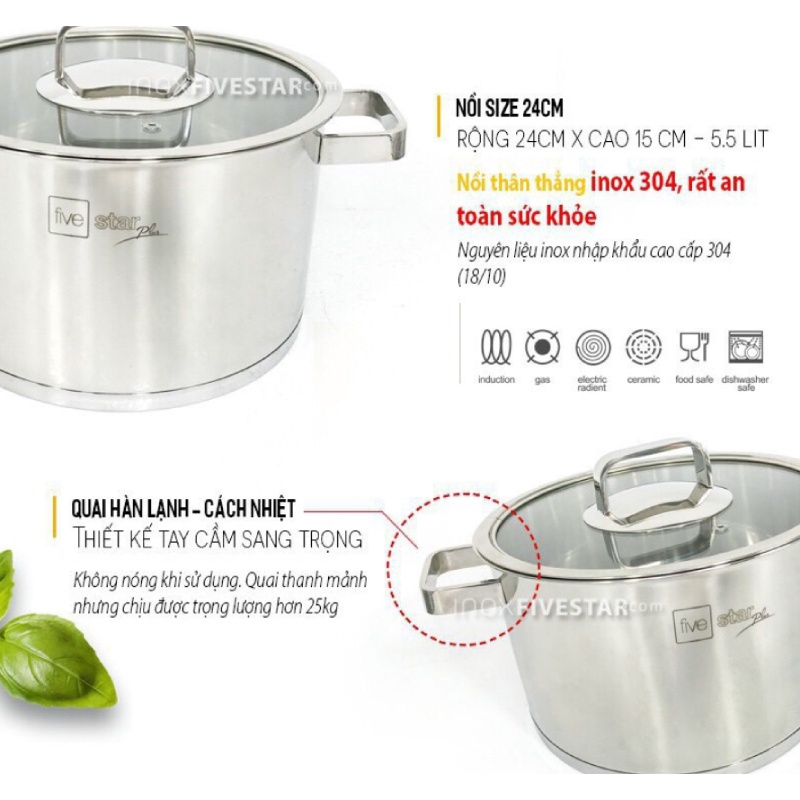 Nồi inox 304 Fivestar 16-18-20-24cm đun từ