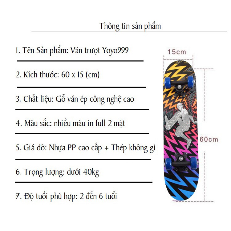 [Giảm giá thần tốc] Ván trượt thể thao, ván trượt Yoyo999 gỗ ép cao cấp dành cho trẻ từ 2 đến 6 tuổi ( Tặng kèm thước đo