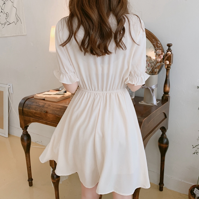 Đầm tay phồng cổ chữ V màu trơn thanh lịch dành cho nữ 29352