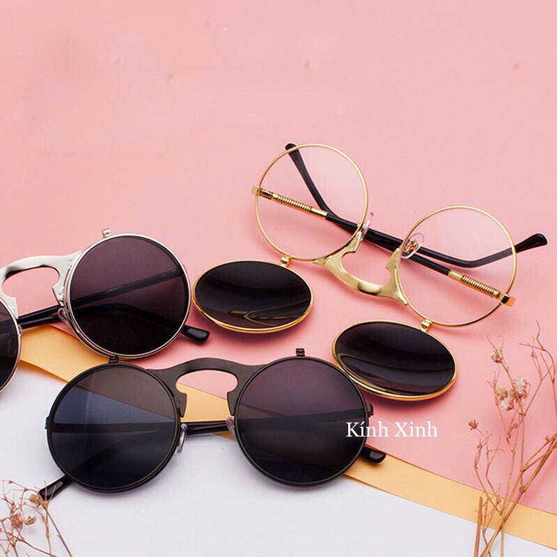 Kính Râm Nam Nữ 2 Lớp Bật Nắp Mắt Tròn Nhỏ Gọng Kim Loại Cao Cấp