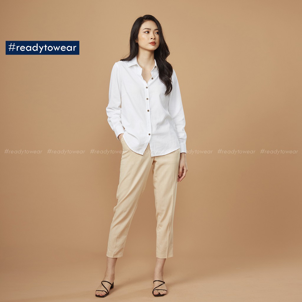 Sơ mi trắng nữ tay dài cổ Đức, đi làm đi chơi, vải đũi - linen shirt SM01