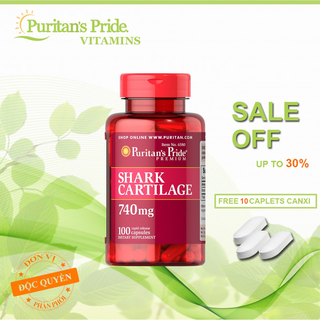 Viên uống sụn vi cá mập giảm đau khớp, bổ sung Chondroitin tăng cường dịch khớp Puritans Shark Cartilage 740mg 100 viên