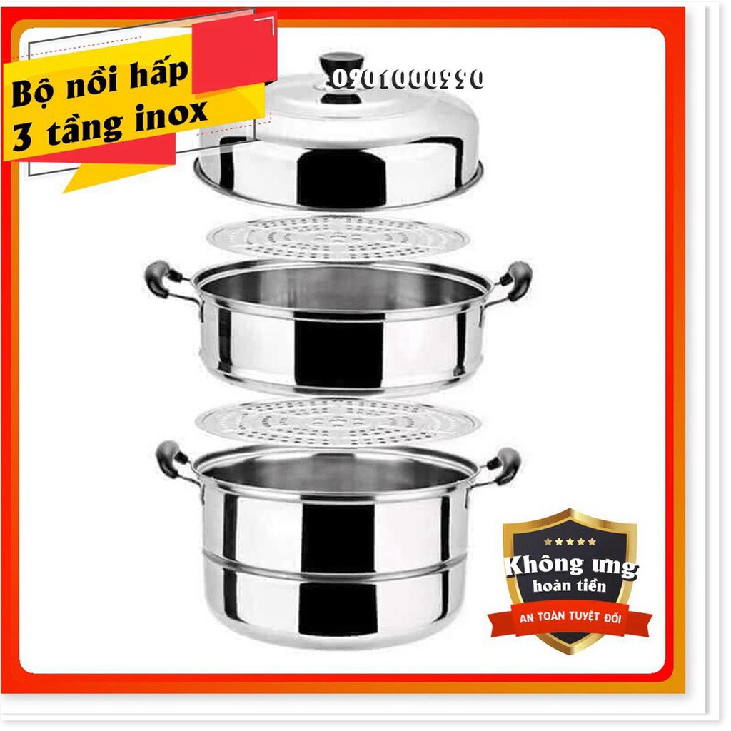 ⚡RẺ VÔ ĐỊCH⚡Nồi hấp 3 tầng đa năng inox cỡ lớn size 28cm, hấp bánh bao, xôi...sử dụng bếp từ