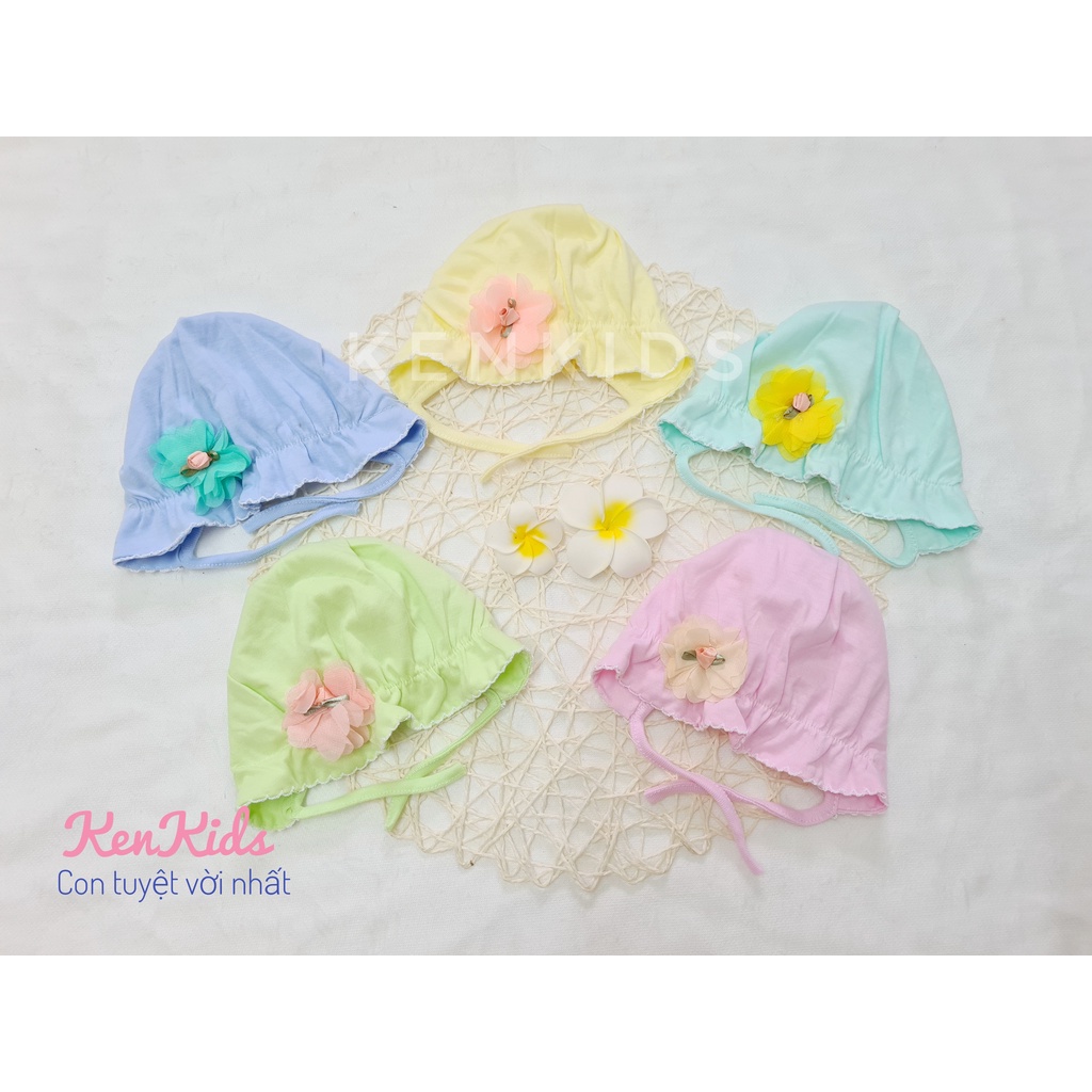 SET 5 Nón mũ bèo sơ sinh đính hoa 100% cotton mềm có dây buộc cho bé gái