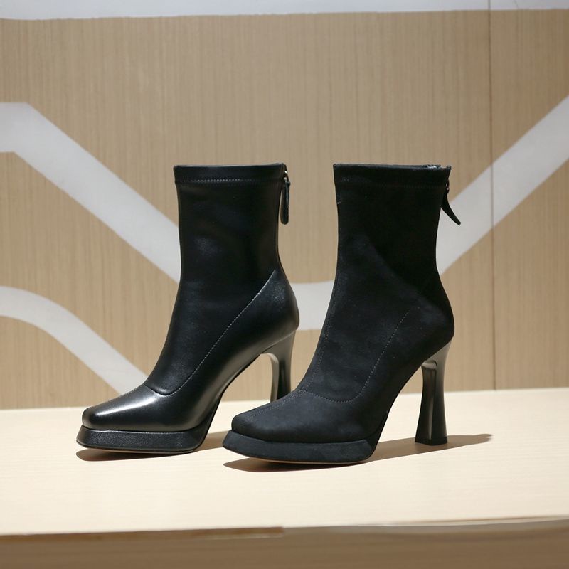 Giày Bốt Ngắn Đế Dày Mũi Vuông Dày Dặn Co Giãn Chống Nước Có Khóa Kéo Sau Lưng Phong Cách Mới