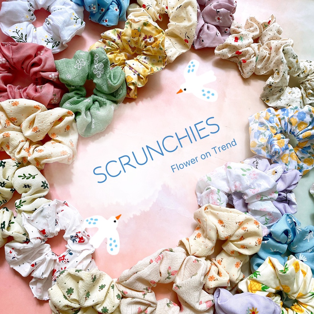 Nhiều mẫu dây cột tóc scrunchies vintage kem hoa TIMSTORE hoa phong cách hàn quốc