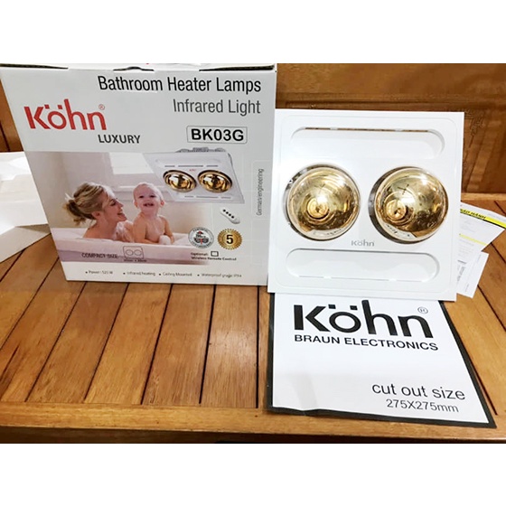 Đèn sưởi nhà tắm 2 bóng âm trần Kohn BK03G / BK03GR - HÀNG CHÍNH HÃNG