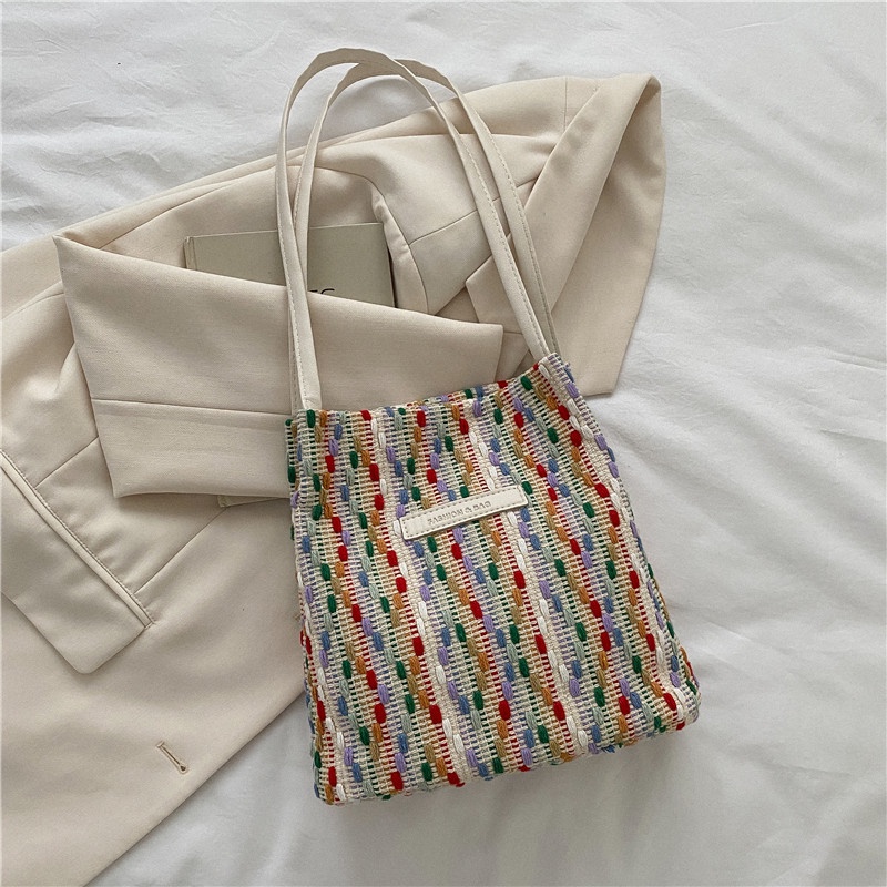 Túi Xách Tote Dệt Kim Họa Tiết Sọc Caro Màu Sắc Tương Phản Cỡ Lớn Thời Trang Cho Nữ