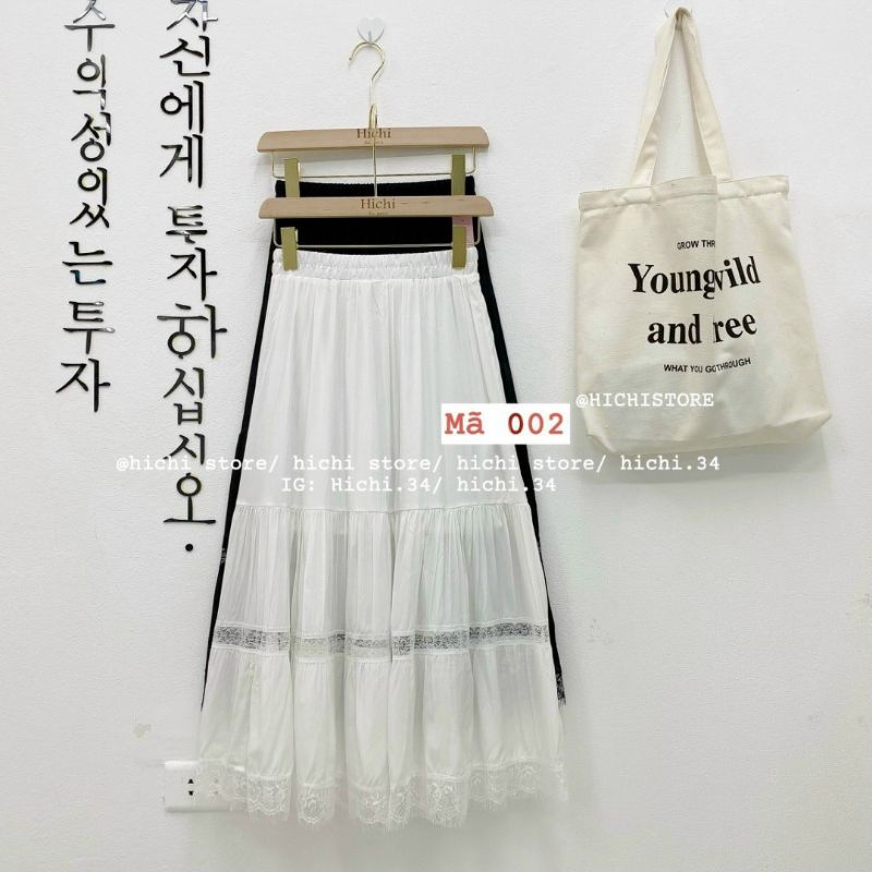 Chân váy midi xoè tầng phối ren vintage tiểu thư