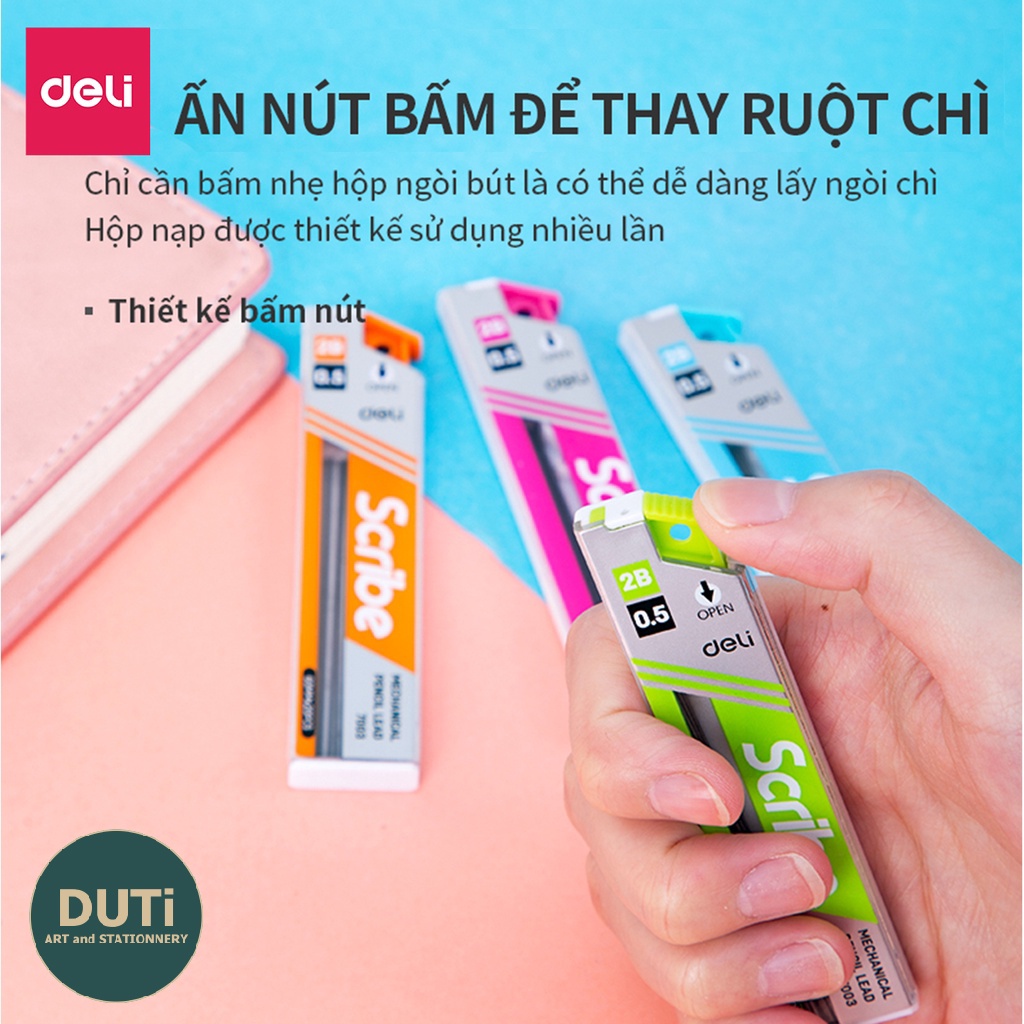 Ngòi chì kim 0.5mm Deli Ruột chì kim bấm 2B Nhiều màu Xanh dương/Xanh lục/Cam/Hồng