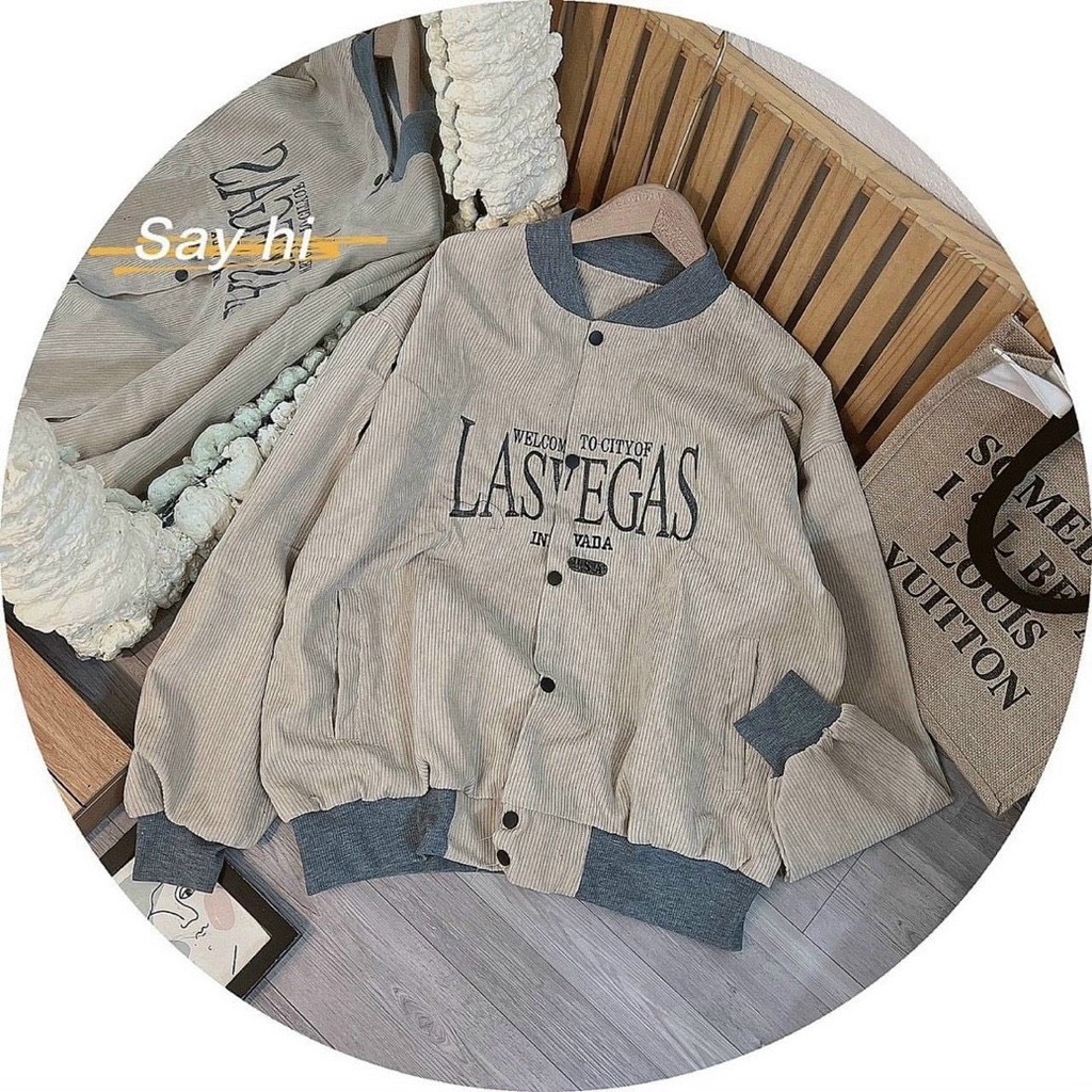 Áo Khoác Bomber Nhung Gân Nam Nữ Unisex Logo Thêu Chất 2 Lớp Dày Dặn Phong Cách Hàn Quốc (Lasvegass))