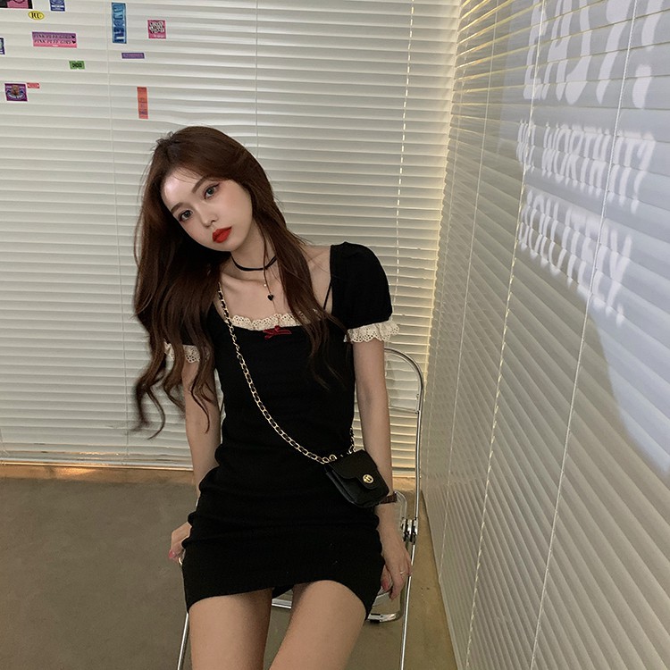 Xiaozhainv Đầm Tay Ngắn Cổ Vuông Phối Ren Phong Cách Hàn Quốc | BigBuy360 - bigbuy360.vn
