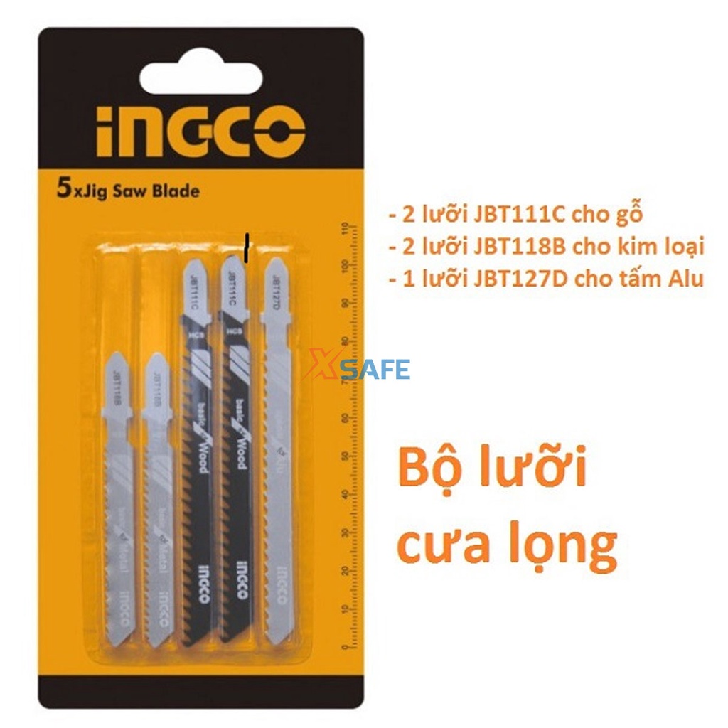 Bộ 5 lưỡi cưa lọng INGCO AKJ0051 gồm 2 lưỡi cưa gỗ, 2 lưỡi cưa kim loại, 1 lưỡi cưa nhôm đóng gói trong vĩ đơn