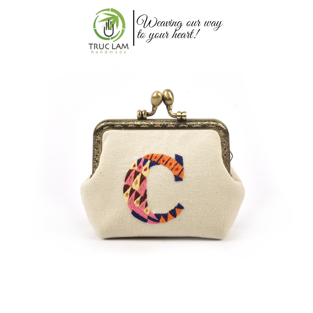 Ví Xu Cầm Tay Mini Khóa Nẹp Đồng Vải Canvas Thêu Tay Họa Tiết Chữ Cái - Trúc Lâm Handmade